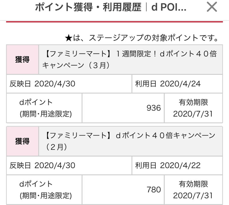 dポイント獲得履歴